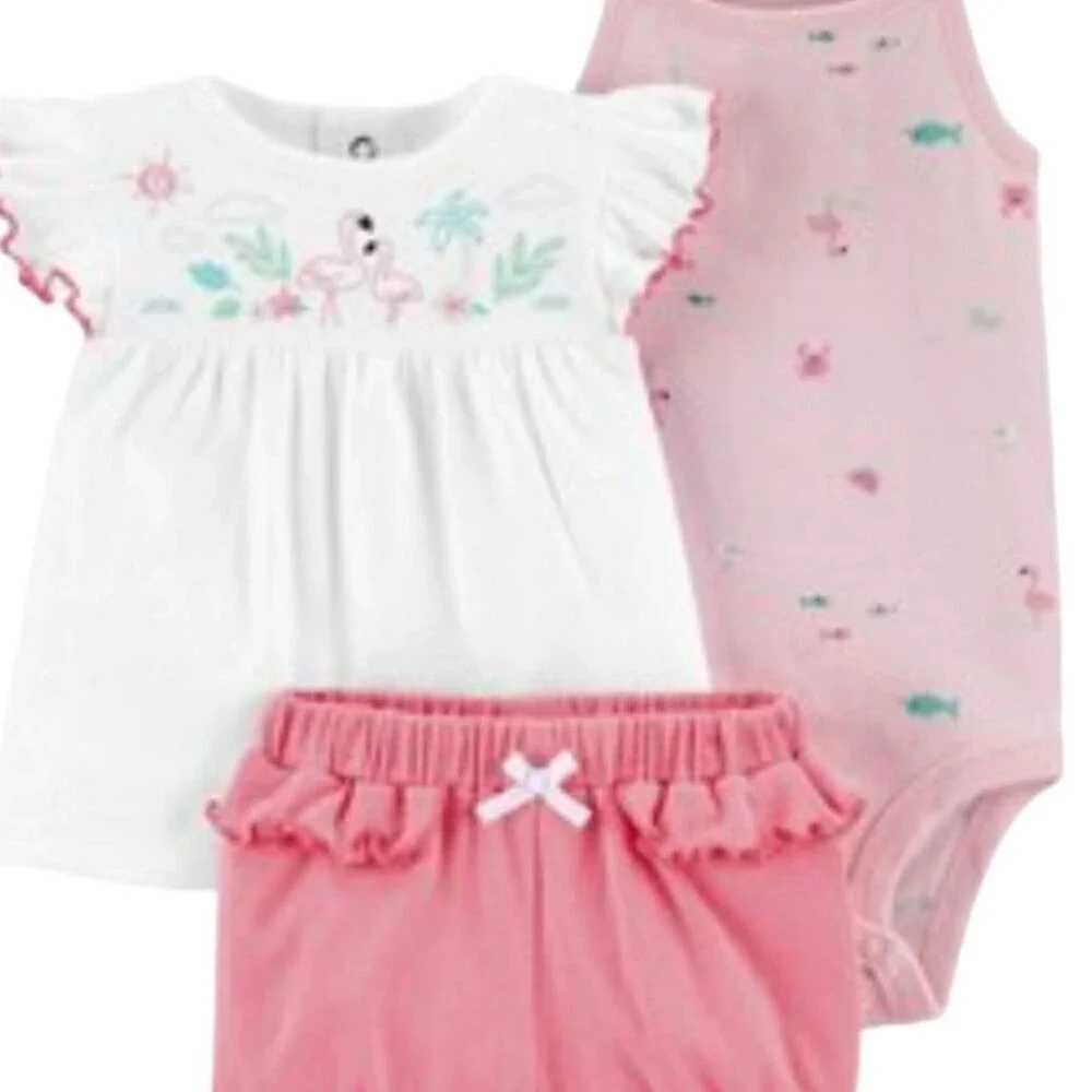 Carter's Baby Girl 3-Pc Set 6 Months Flamingo White Pink Shorts Top Bodysuit NWT